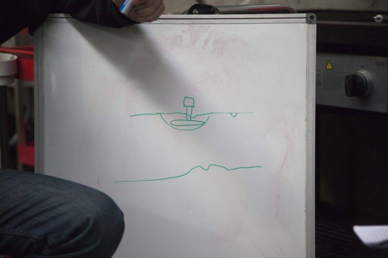 Whiteboard sketch of a tool on a dent