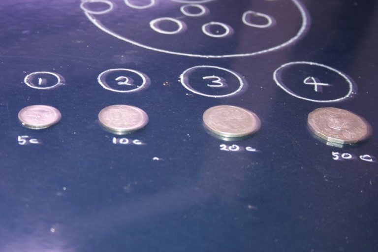 Dent circles drawn and sized against coins